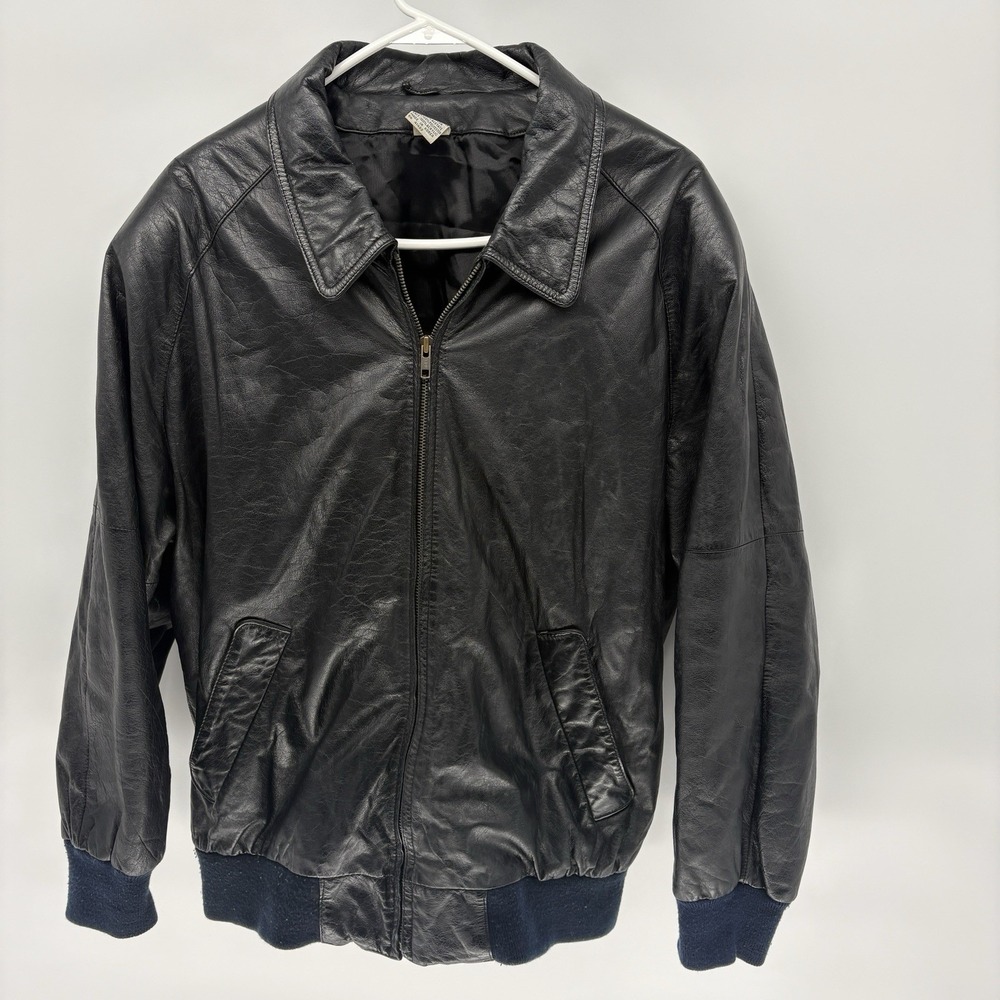 Vintage 80s B-15 Collared Leather Bomber Jacket  Zip Military Retro Korea Made L